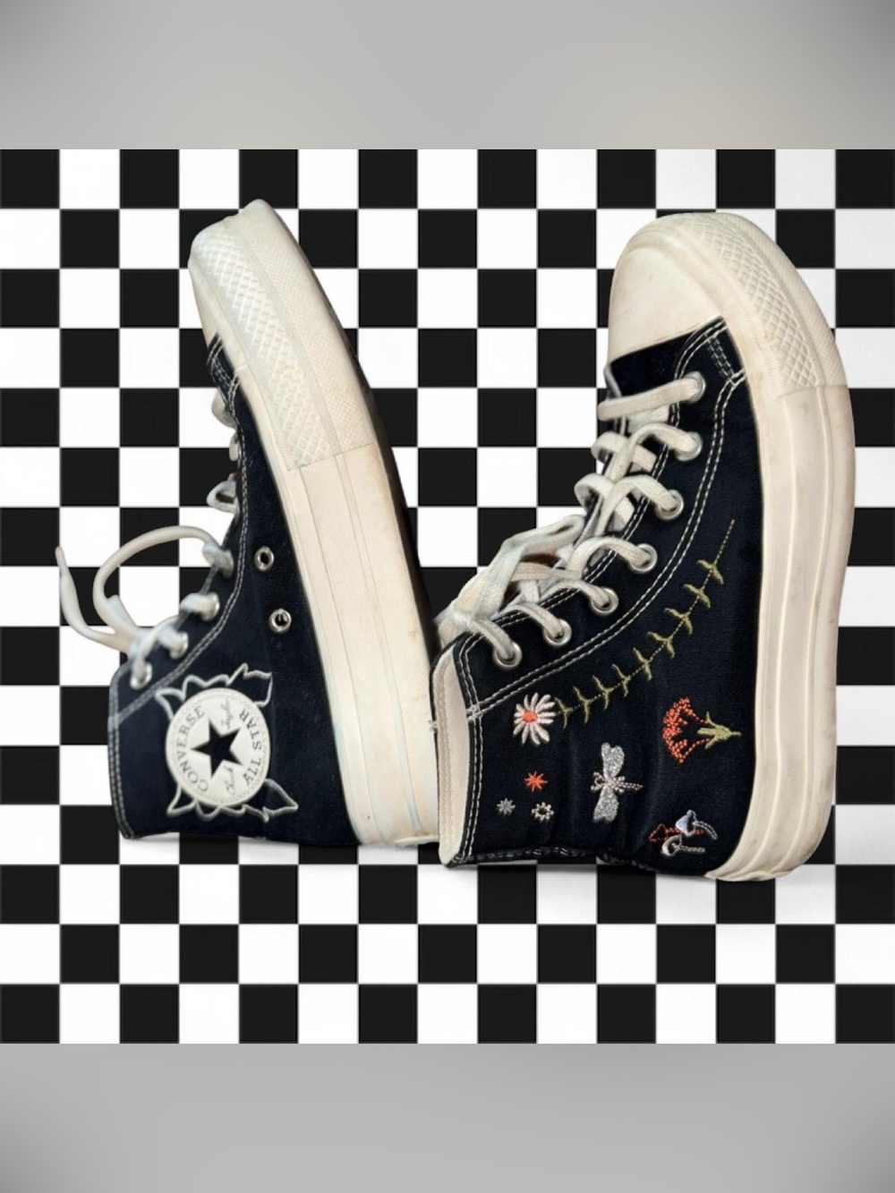 Converse Black High Top Sneakers with Multicolor Floral  Embroidered Details